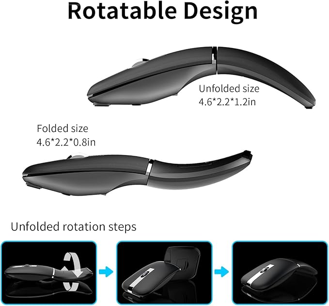 Bluetooth Arc Travel Mouse - BT & 2.4G Wireless Dual Mode, Rechargeable Slim Rotatable Portable, 3 Adjustable DPI, USB Optical Computer Silent Mouse for Microsoft Laptop PC Tablet - Graphite Black
