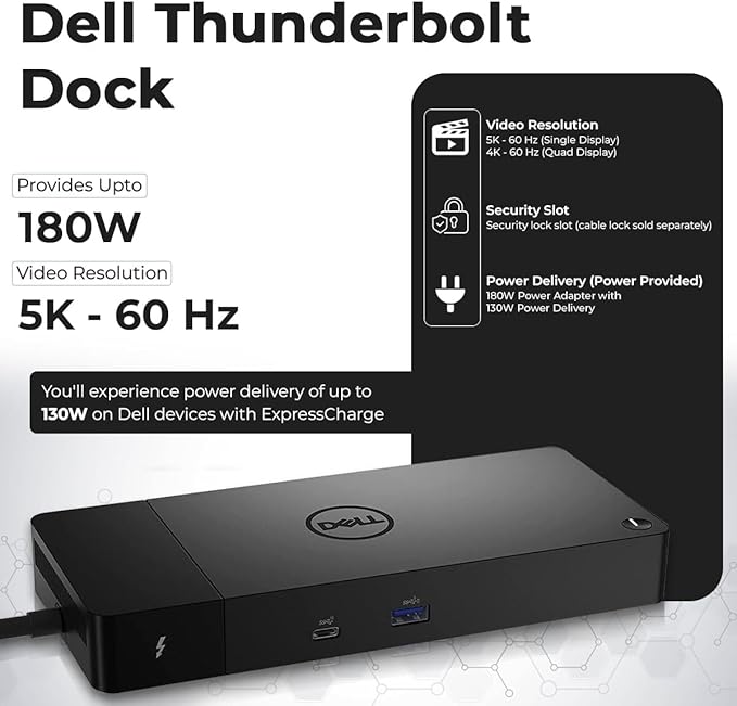 Dell WD22TB4 Thunderbolt 4 Dock Bundle - 40Gbps USB-C/USB-A, 1 Year Warranty with 180W Adapter, Anyhdd HMDI, DP, USB-C Cable & Cloth - Docking Station, Supports Dual/Triple Monitors & 4k Display