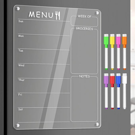 Acrylic Menu Board for Kitchen Weekly Meal Planner Magnetic Planning Board w/ 8 Markers, Clear Weekly Calendar for Fridge Refrigerator Dry Erase Board Noteboard to Do Grocery Shopping List, 12x9’’