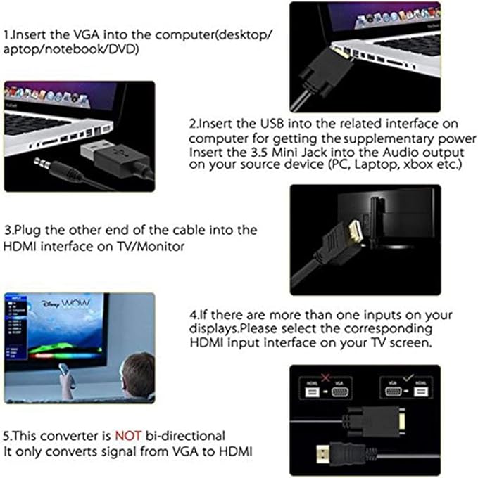 ONTEN VGA to HDMI, 1080P Adapter (Male to Female) for Computer, Desktop, Laptop, PC, Monitor, Projector, HDTV with Audio Cable and USB Cable (1 Pcs)