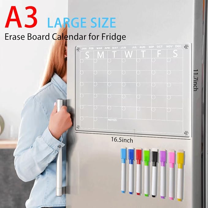 Magnetic whiteboard for Refrigerator，Dry Erase Calendar for Fridge，Calendar Board，Clear Monthly Planner with 8 Color Markers，16.5 * 11.7inch (Monthly)