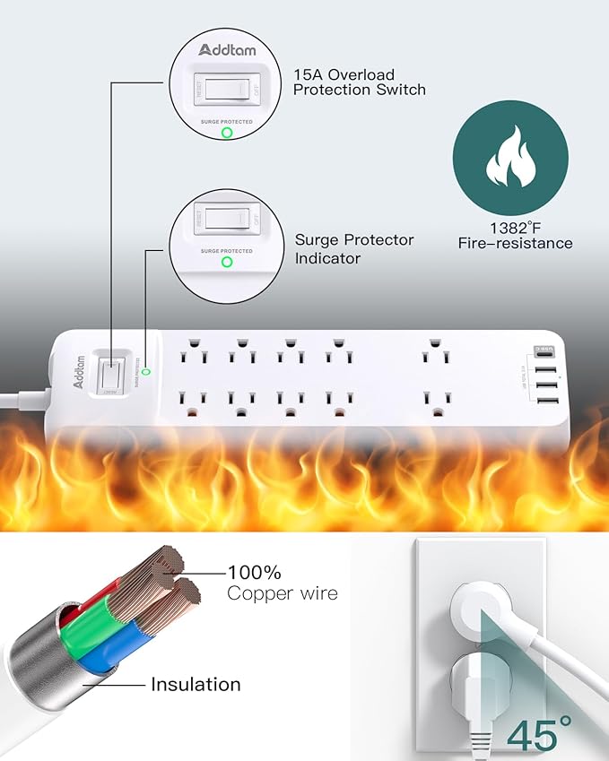 12FT Long Power Strip Surge Protector, Addtam Surge Protector with 10 Outlets and 4 USB Ports, Extension Cord with Flat Plug, 2700 Joules, White