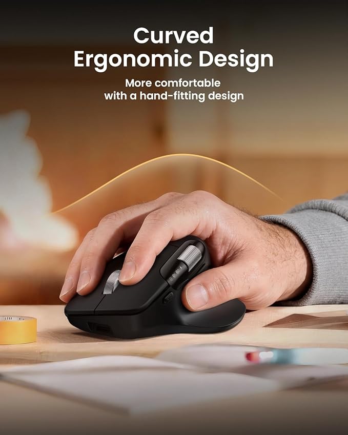 ProtoArc Ergonomic Bluetooth Mouse, EM25 USB Wireless Mouse, Fast Scrolling & Thumb Scroll Wheel, Buttons Customizations, 8000 DPI, Quiet, Rechargeable, Compatible with Windows/Mac/Android, Black