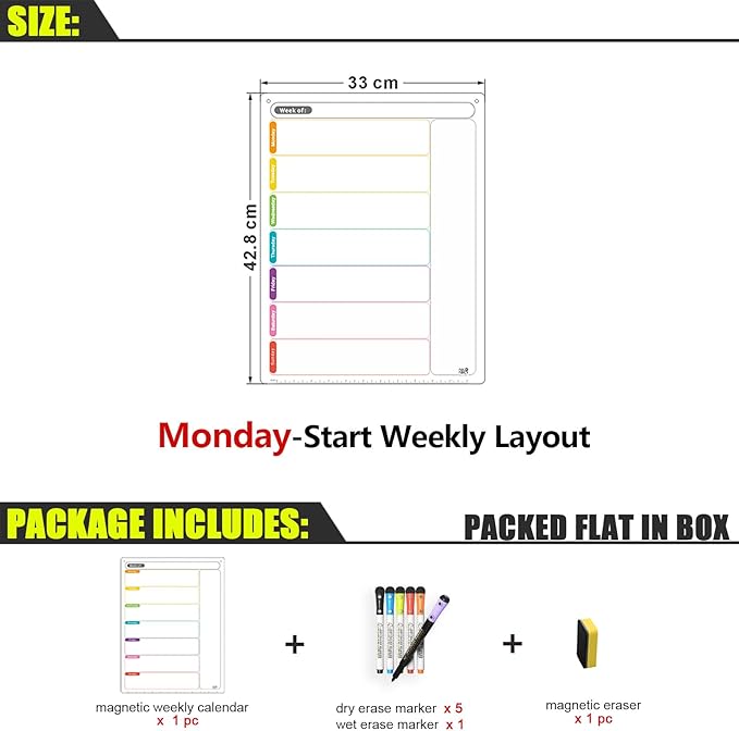 Magnetic Weekly Calendar for Fridge (Monday Start), Vertical Dry Erase Planner with Large Writing Space & Side Notes – Includes 6 Markers, Reusable Whiteboard for Busy Schedules