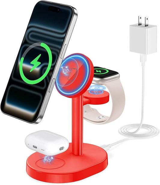 2026 3 in 1 Wireless Charging Station for Apple MagSafe Charger, 15W Fast Magnetic Mag-Safe Charger Stand for iPhone 17 16 15 14 13 12 Apple Watch AirPods Compatible with MagSafe, DeepRed