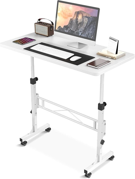 Small Standing Desk Adjustable Height, Mobile Stand Up Desk with Wheels, 32 Inch Portable Rolling Desks Conference Room Tables for Walking Pad Treadmill White