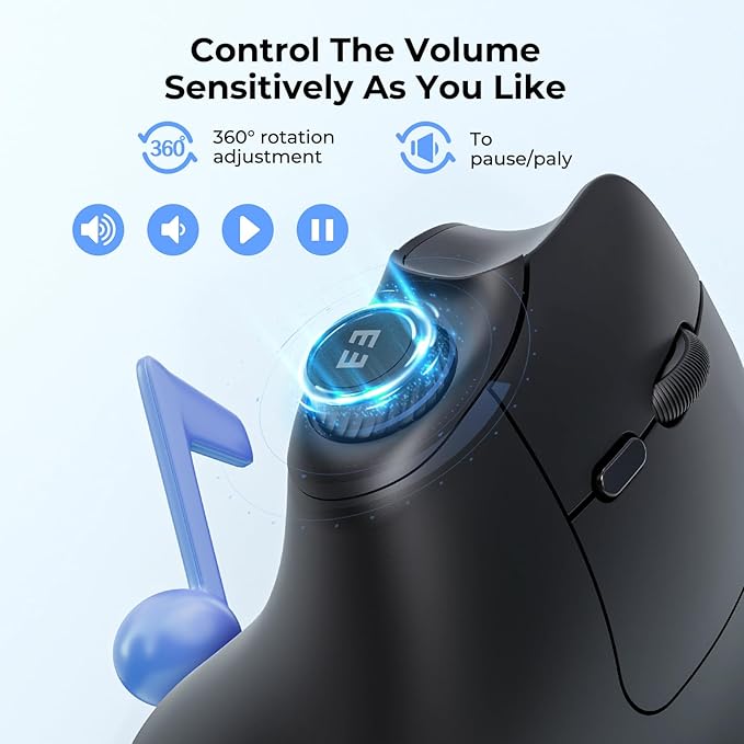 seenda Ergonomic Mouse Wireless, MOU-302 Bluetooth Vertical Mouse Rechargeable, Optical Mice with 1000/1600/2400 DPI, Volume Knob, 3 Multi-Device Connectivity for Computer/PC/Laptop/Mac, Black
