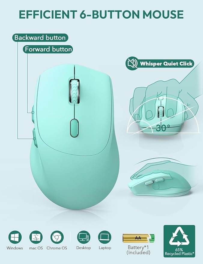 SABLUTE Wireless Keyboard and Mouse, Wrist Rest, Phone Holder, Batteries Included, 2.4G Lag-Free Ergonomic Keyboards Mouse Combo, KM23D Silent Keyboards Set for PC, Laptop, PC, Windows, Mint Green
