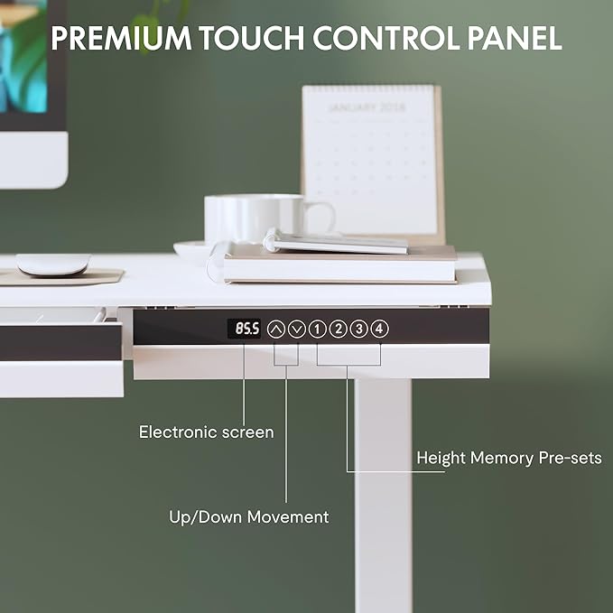 SANODESK 48" One-Piece Standing Desk with Acrylic-Front Drawer, Fast-Assembly Ergonomic Sit-to-Stand Desk with MDF Top, 4 Height Memory Presets Touch-Control, Home Office Computer Workstation, White