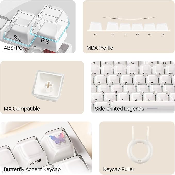 EPOMAKER Lusterfly Jelly Keycaps Set - 123 Keys Double-Shot Laser Engraved, MDA Profile, ABS+PC, Non-Shine-Through, MX-Compatible for 61/68/84/87/98/100/104-Key Mechanical Keyboard (White)