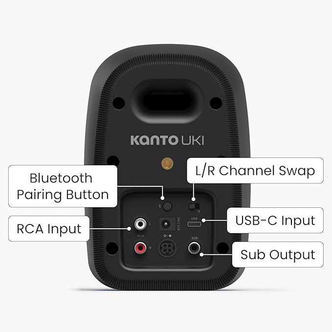 Kanto UKI 100 W Active Desktop Computer Speakers with Bluetooth and USB-C | Intelligent Sub Integration | Headphone Out | Pair | Onyx