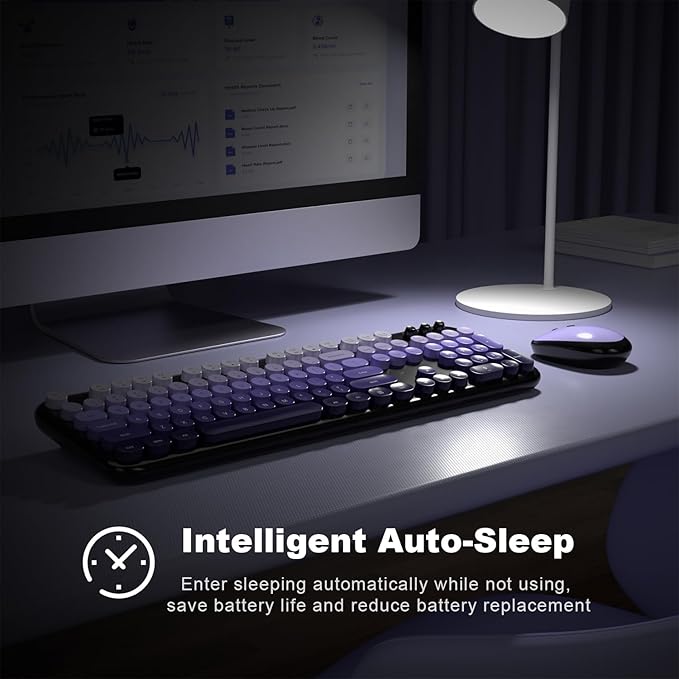 Wireless Keyboard Mouse Combo - Lovely Blackpurple-Gradient Rainbow Full-Sized Typewriter Colorful Keyboards, Round Keycap Plug Play Retro Cute Keyboards for Windows, Laptop, PC, Desktop, Computer