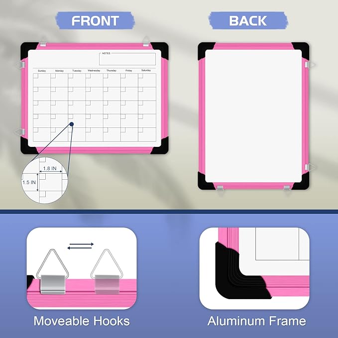 Dry Erase Calendar Whiteboard for Wall, 16" X 12" Magnetic White Board Dry Erase Calendar, Portable Hanging Dry Erase Board Framed Planner Memo Whiteboard Back to School Gift for Kid Student (Pink)