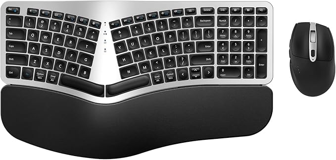 Ergonomic Wireless Keyboard Mouse Combo, EDJO Bluetooth/2.4G Dual Channel, Split Design, Soft Foam Palm Rest, 4 Level DPI Adjustable Wireless Mouse, Rechargeable, for Windows/Mac/Android(Sliver)