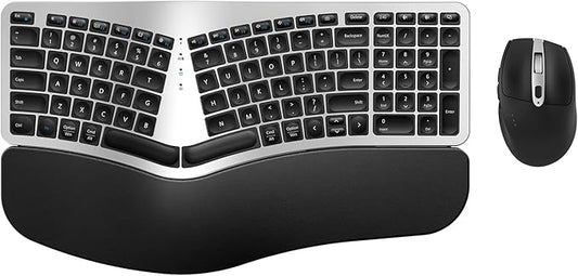 Ergonomic Wireless Keyboard Mouse Combo, EDJO Bluetooth/2.4G Dual Channel, Split Design, Soft Foam Palm Rest, 4 Level DPI Adjustable Wireless Mouse, Rechargeable, for Windows/Mac/Android(Sliver)