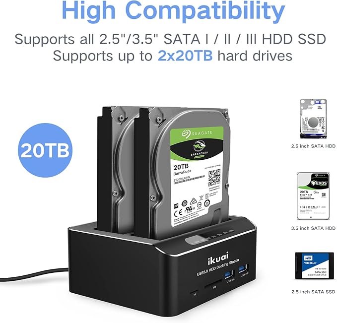 SATA to USB 3.0 Dual Bay Hard Drive Dock for 2.5"/3.5" SATA HDD SSD with Micro SD Card Reader 2 USB 3.0 Port, Offline Clone Function External Hard Drive Docking Station, 2X20TB and UASP Support