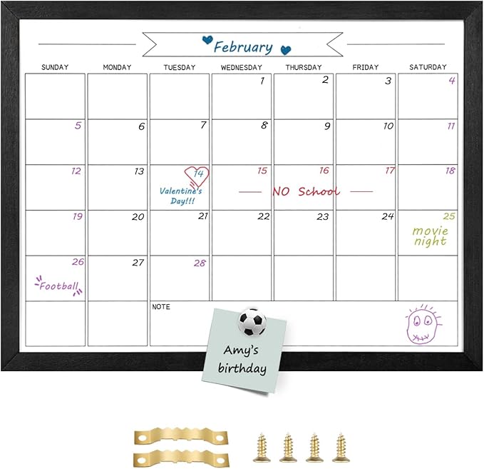 Dry Erase Monthly Calendar Whiteboard, Magnetic White Board for Wall, Hanging Board for Office, Home School, Solid Pine Wood Black Framed Message Board, 13"x 17"(YL-BK-3343-B)