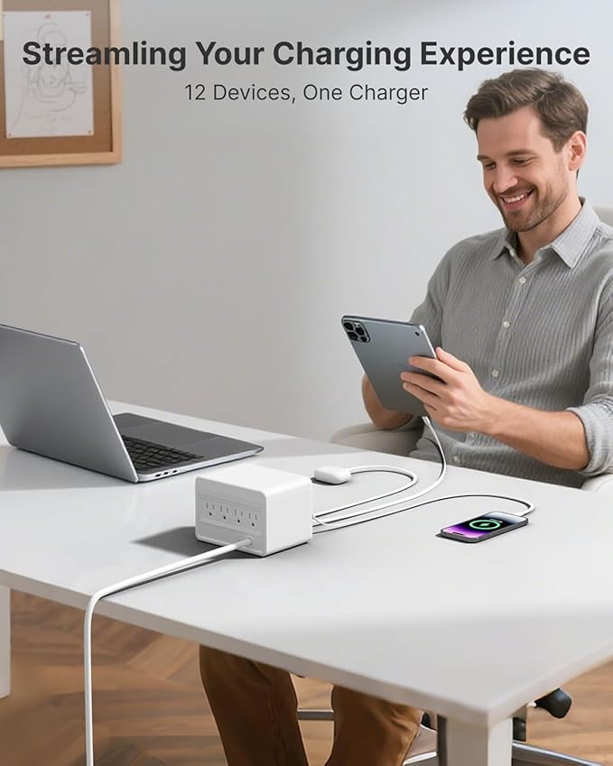 Gitryin 12-in-1 Desktop Charging Station with 4 Retractable Wall Chargers, 40W USB-C Power Strip with 4 AC, 4 USB C, 4 Type-C 33.5in Cables, Extension Cord with 1020J Surge Protection for Home Office