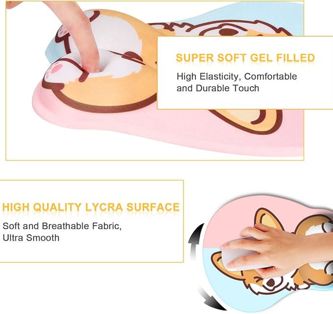 HAOCOO Cute Mouse Pad with Wrist Support Ergonomic, Anime Gel Corgi Butt Mouse Pad with Wrist Rest, Typing Pain Relief Funny Cartoon Mousepad for Gaming Kawaii Office Computer, Blue Pink Dog Animal