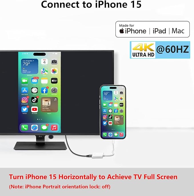 [MFi Certified] USB C to HDMI Adapter for iPhone 17 16 15 to TV, 4K@60Hz Type-C to HDMI Adapter with 100W Fast Charging Port for iPhone 17/17 Pro/17 Pro Max/Air/16 15 Pro Max to HDTV Projector Monitor