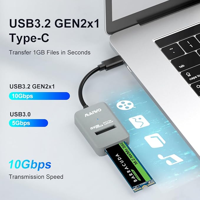 MAIWO M.2 NVMe to USB Adapter, USB C M.2 NVMe SSD Reader, USB3.2 GEN2x1 10Gbps with UASP Trim, 8TB Capacity, Tool Free Lay-Flat PCIe NVMe Dock Enclosure