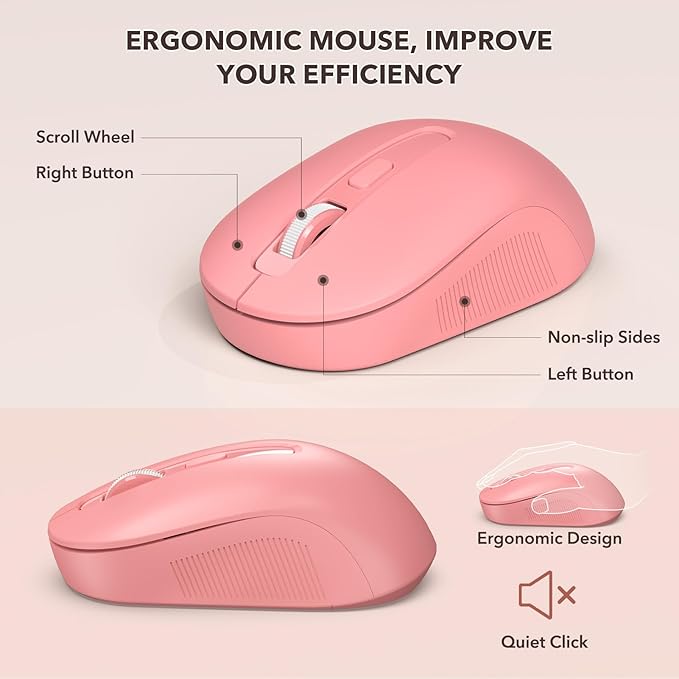 Wireless Keyboard and Mouse Combo, Cute Full-Size Retro Typewriter Keyboard with Round Keycaps, Magnetic Wrist Rest, Tilt Legs, 2.4GHz Cordless for Mac, Windows PC, Laptop, SABLUTE CK23, Baby Pink