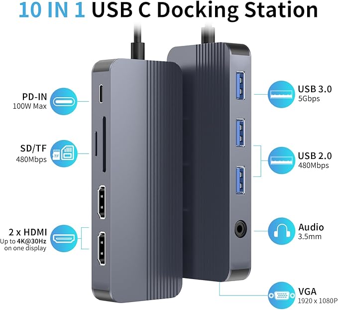 Docking Station Dual Monitor, 10-in-1 USB C Hub with Dual 4K HDMI, VGA, 100W PD, 1 x USB 3.0, 2 x USB 2.0, SD/TF Card Reader, 3.5mm Audio, Ideal for HP/Dell/Lenovo/Mac Laptops