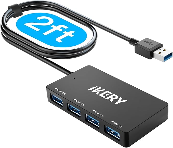 4-Port USB 3.0 Hub, High Speed 5Gbps Data Transfer Hub for Laptop, PC, MacBook - Portable Type-A Ports with 2ft Extended Cable