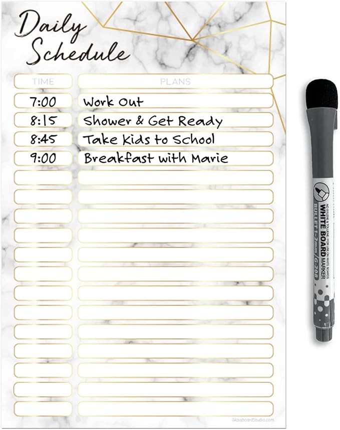 Dry Erase Daily Schedule Planner Sticker Decal by Glassboard Studio | Removable & Reusable | Magnetic Fine-Tip Marker Included (6 x 9 inches, Marble)