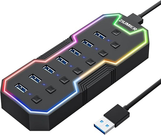 ZIUMIER USB 3.0 Hub,7 Ports USB Expander with RGB LED Strip,USB Hub for Laptop,Individual LED On/Off Switches for Mac, PC, Desktop, Flash Drive, Mobile HDD