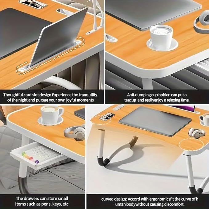 Portable Foldable Laptop Bed Table with 3 Port USB, Storage Drawer and Cup Holder, Laptop Desk Stand Tray for Eating, Reading and Working (Peach Wood)