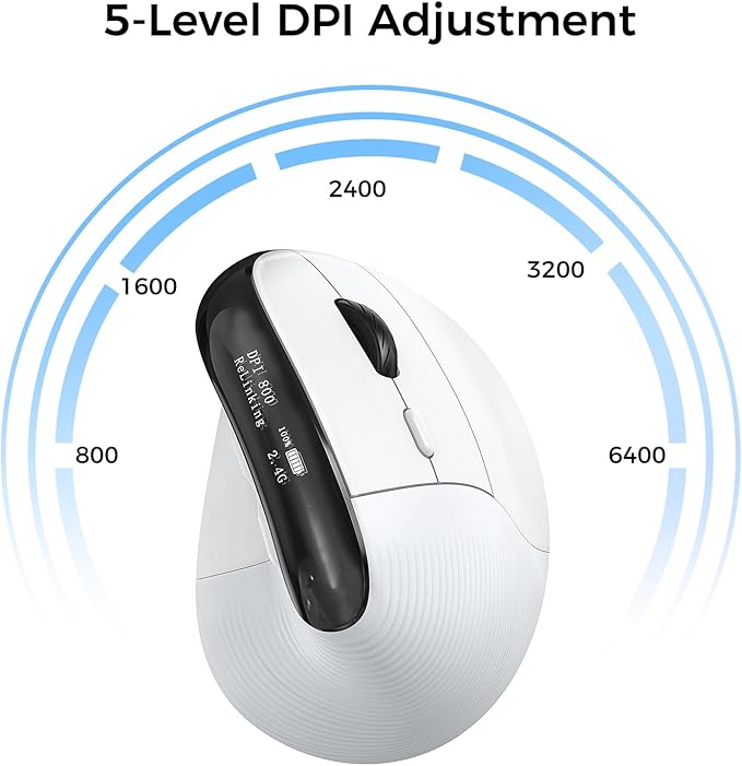 Wireless Ergonomic Mouse with Screen，Bluetooth Vertical Mouse Rechargeable, Quiet Clicks, USB Ergo Design Cordless Mice Compatible for Windows, PC, Laptop, Mac OS, White