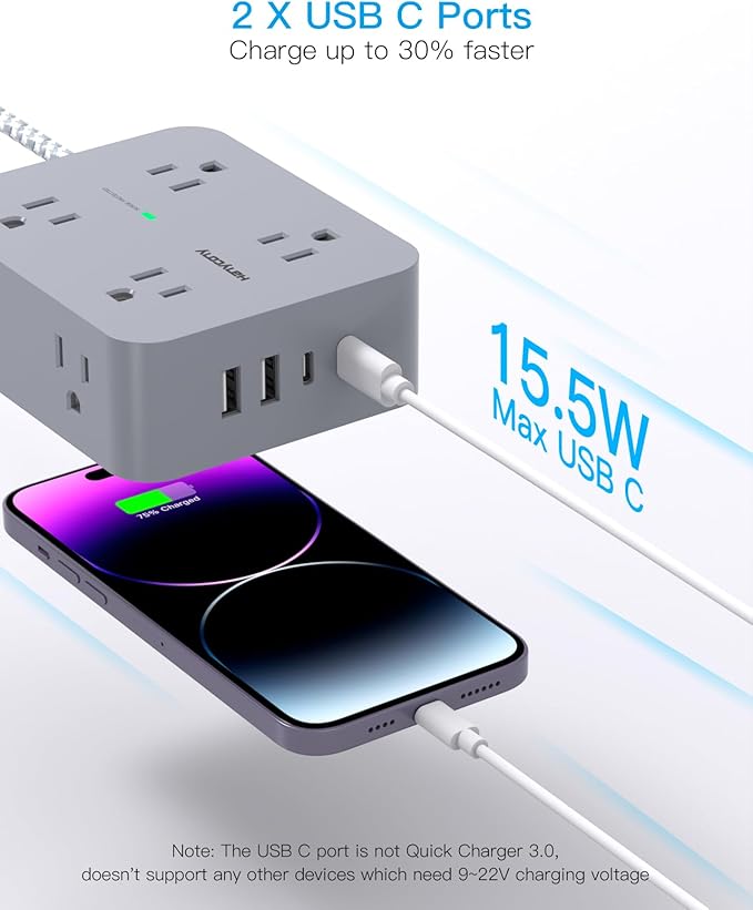 Surge Protector Power Strip 10 Ft Cord, HANYCONY Extension Cord with Multiple Oulets, 8 AC Outlets 4 USB (2 USB C) Ports, Flat Plug, Wall Mount Desk USB Charging Station for Home