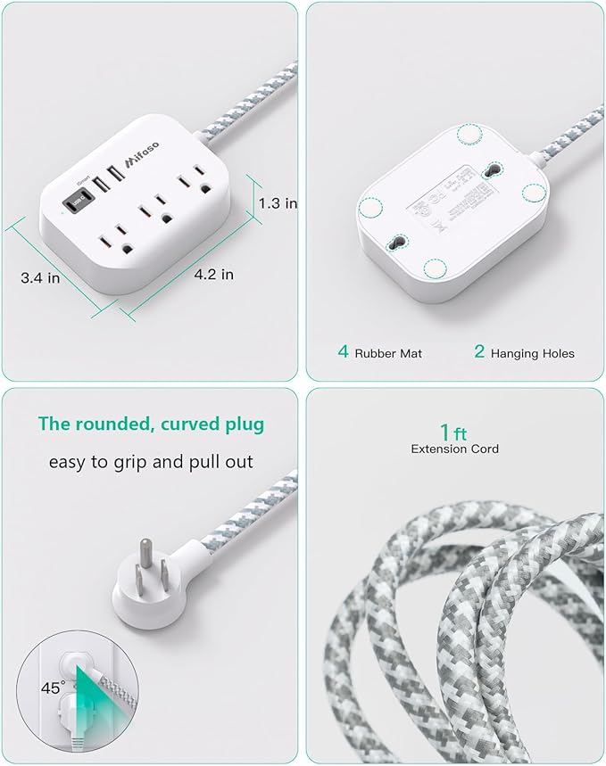 Cruise Ship Essentials - Mifaso Power Strip with USB Ports, 1Ft Flat Extension Cord with Multiple Outlets, USB Charging Station with Non Surge Protector for Cruise Ship, Travel, Dorm Room Essentials