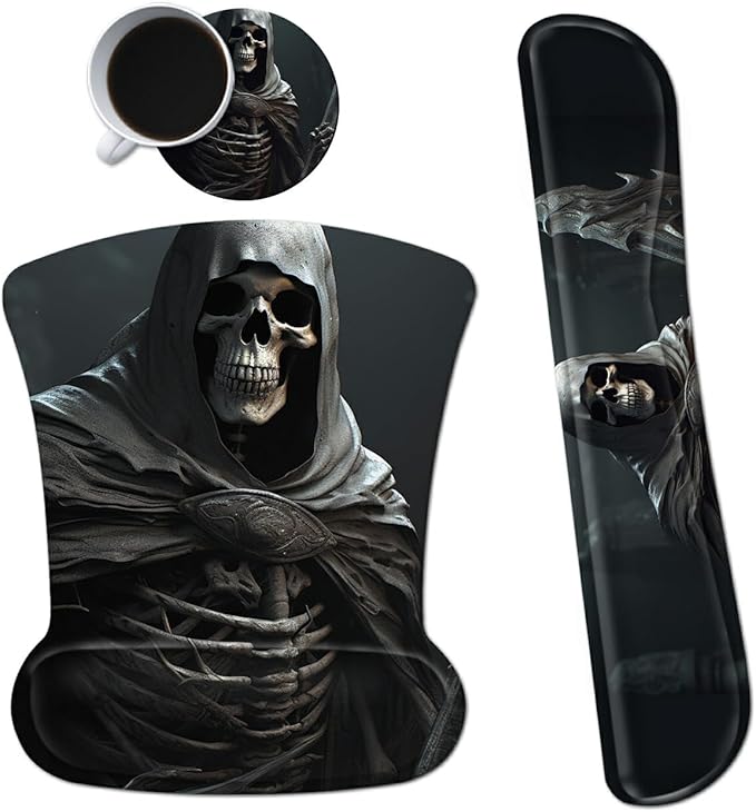 Ergonomic Mouse Pad with Wrist Support Gel, Upgrade Keyboard Wrist Rest Pad Set, Cool Skull