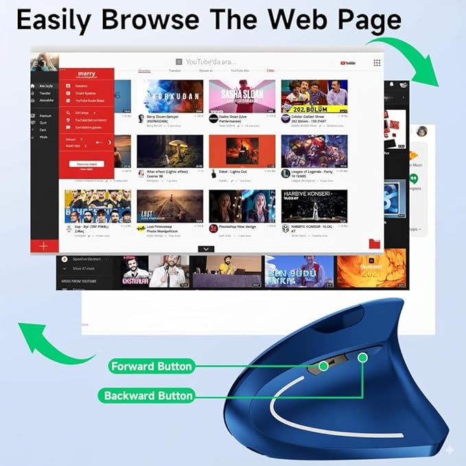 Ergonomic Vertical Wireless Mouse Stylish Rechargeable 2.4G Optical Mice Cordless Mouse with USB Receiver, 800/1200 /1600 DPI, 5 Buttons for Laptop,PC,Mac,Computer (Blue)
