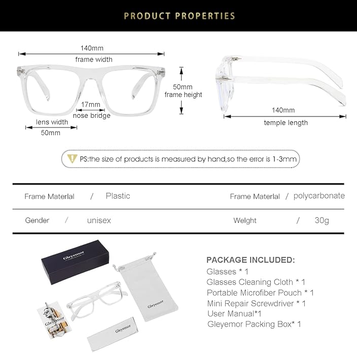 Gleyemor Blue Light Glasses for Men Women Trendy Square Frame Blue Light Blocking Lens Computer Glasses