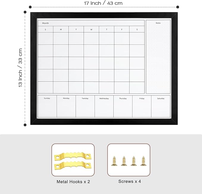 3-in-1 Wall Calendar Whiteboard, 17x13 Inch Magnetic Monthly & Weekly Dry Erase Board with Black Wood Frame, Ideal for Office, Kitchen & Family Planning(DH-3in1-3343)