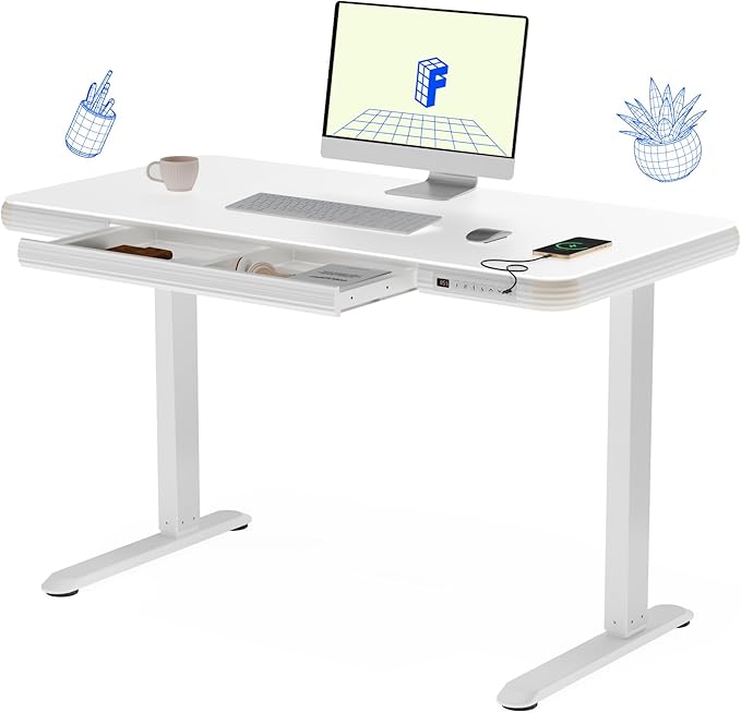 FLEXISPOT Comhar Electric Pure Glass Standing Desk with Drawer Desktop & USB Charge Ports, 48" Ergonomic Height Adjustable Sit to Stand Desk for Home Office (White, Glass)