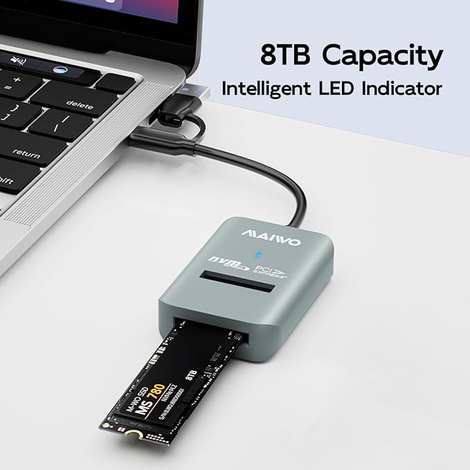 MAIWO M.2 NVMe to USB Adapter, USB C+A PCIe NVMe Dock, USB3.2 GEN2x1 10Gbps with UASP Trim, 8TB Capacity, Tool Free Lay-Flat NVMe SSD Enclosure Reader