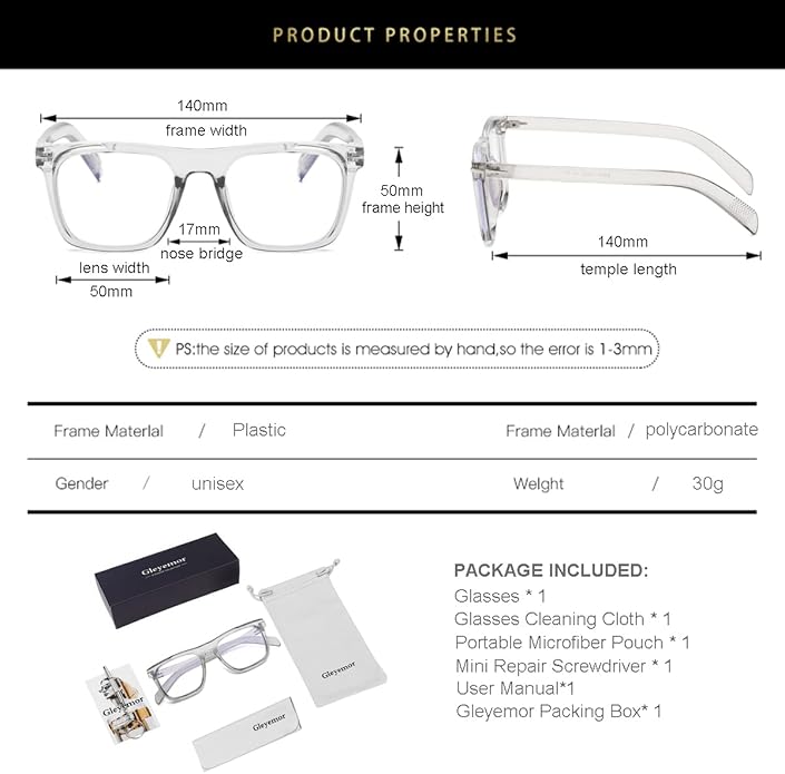 Gleyemor Blue Light Glasses for Men Women Trendy Square Frame Blue Light Blocking Lens Computer Glasses