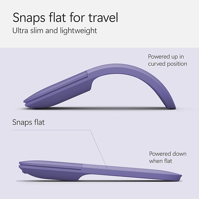 Microsoft Surface Arc Bluetooth Mouse, Ultra-Slim and Lightweight, Snaps Flat for Portability, Full Scroll Plane, Compatible with Windows 11, Battery Included – Violet