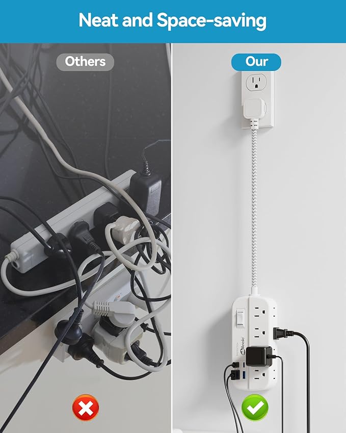 Short Extension Cord 2 Foot - Power Strip Flat Plug Surge Protetor with 8 Outlets 4 USB (2 USB C) Charging Ports, Multi Plug Wall Outlet Splitter for Kitchen Bathroom Hotel Office Desktop Accessories