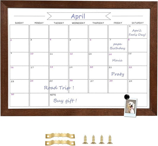 Dry Erase Monthly Calendar Whiteboard, Magnetic White Board for Wall, Office/School/Home, Solid Pine Wood Walnut Brown Frame Hanging Board 10.6"x 14.6"(YL-WB-2737-B)