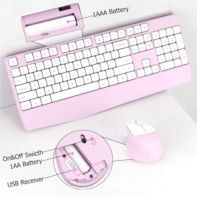 Wireless Keyboard and Mouse Combo, Ergonomic Keyboard with Wrist Rest, 2.4Ghz Wireless Connection, Compatible with PC/Laptop/Windows/Mac for Home and Office Use (White Pink)