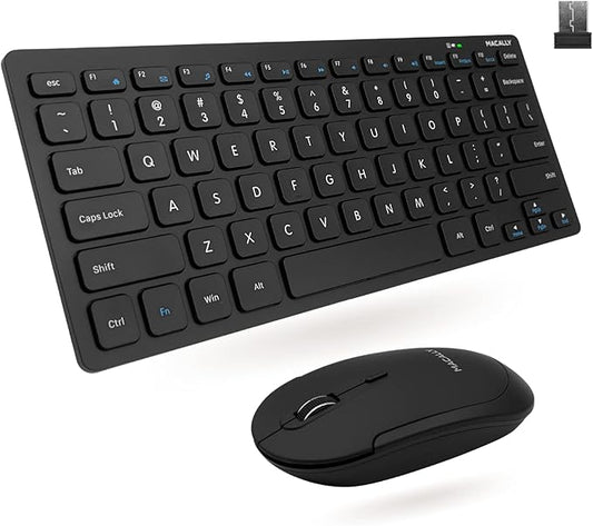 Macally Small Wireless Keyboard and Mouse Combo - Quiet Productivity Duo - 2.4G Wireless Keyboard Mouse for PC - 78 Key Mini Keyboard and Mouse with Slim Body, Click Buttons, and 3 DPI Modes
