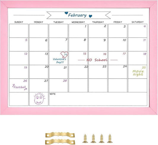 TORASO Dry Erase Monthly Calendar Board, Magnetic Whiteboard for Wall, Office/School/Home, Solid Wood Pink Frame Hanging Board 10.5"x 14.5"(YL-Pink-2737-B)