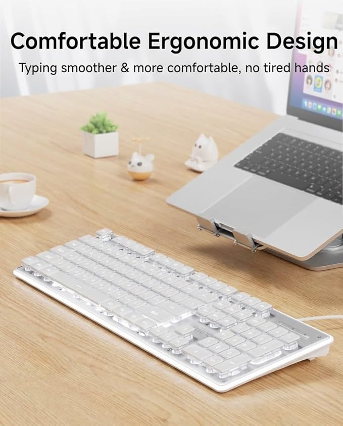EWEADN GX710S Backlit Computer Keyboards, Wired USB Keyboard with White Backlit, Metal Panel, Plug and Play, Pudding Keycaps Full Size Quite Computer Keyboard for Win/PC/Laptop-White