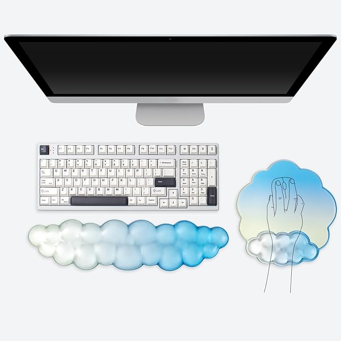 Keyboard Wrist Rest with Cloud Mouse Pad - Gradient Blue Ergonomic Cloud Mouse Pad with Non-Slip Base, Cute Office Accessories for Desktop/Latop/Home/Office