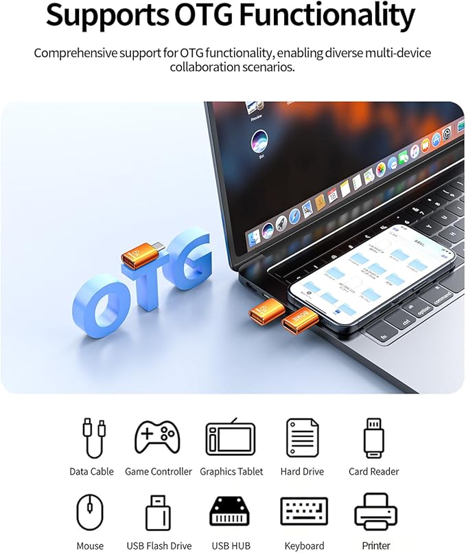 BOMIE USB C to USB Adapter 8 Pack,6A 120W Fast Charging 10Gbps Data Transfer,USB C Male to USB 3.2 Female OTG Adapter for Phone 15/16/17,Pad,Ma-cBook Pro/Air,Smartphone,Laptop,Tablet Orange